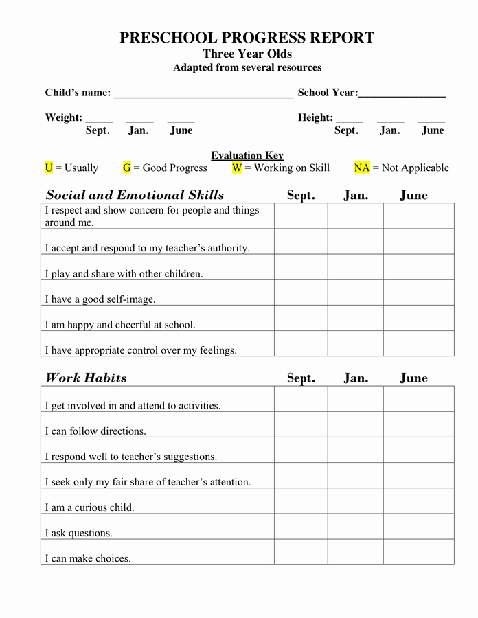Kindergarten Progress Report Printable Lovely Preschool Progress Report In Word and Pdf formats