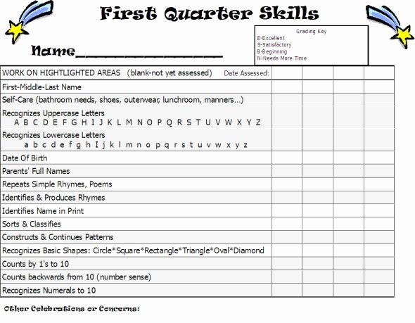 Kindergarten Report Card Template Fresh Kindergarten Quarter E Skills
