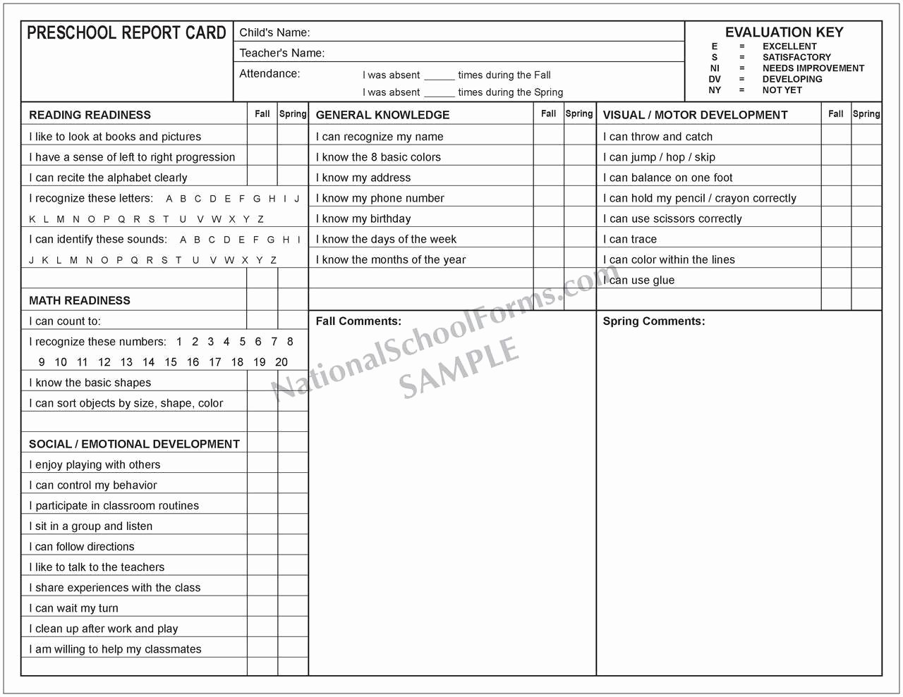 Kindergarten Report Card Template Unique Preschool Report Card Nationalschoolforms