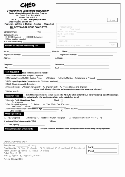 Lab Requisition form Template New form 2236 Cytogenetics Laboratory Requisition form Printable Pdf
