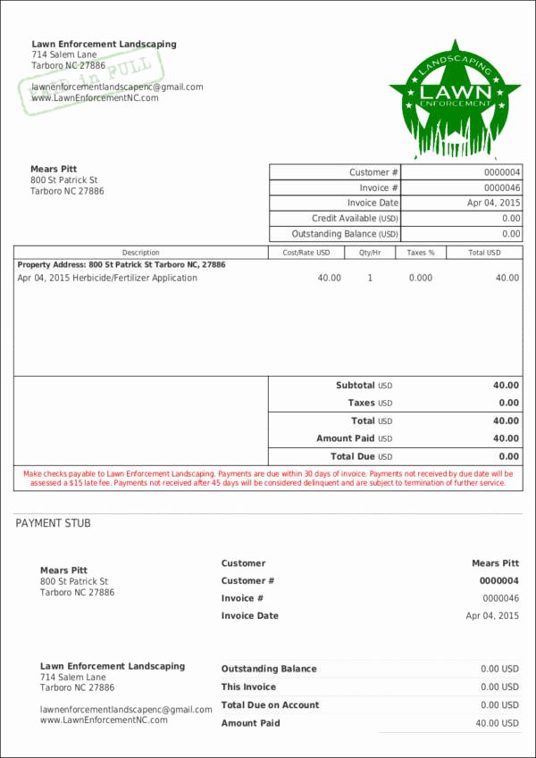 Lawn Care Invoice Template Luxury Free 9 Lawn Care Invoice Samples &amp; Templates In Pdf Excel