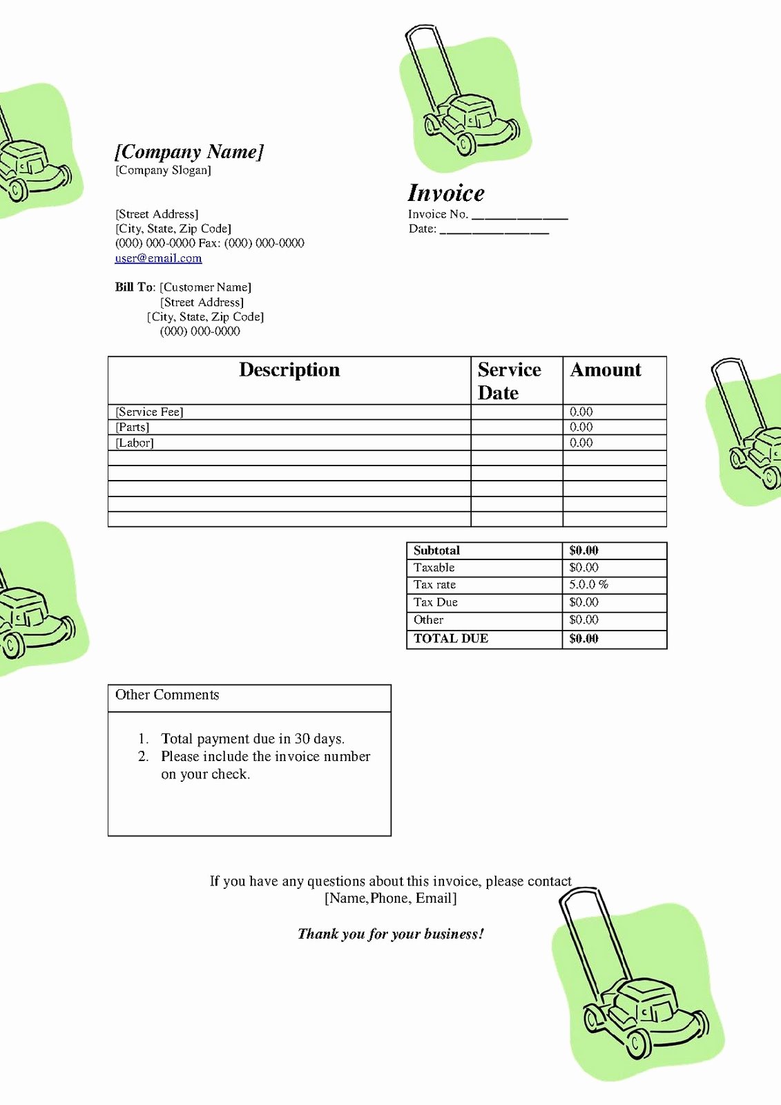 Lawn Care Invoice Template Unique Free Printable Templates Free Lawn Service Lanscaping Business Invoice Template