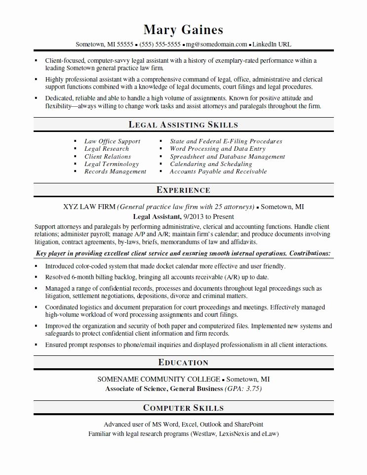 Legal Resume Template Word Inspirational Legal assistant Resume Sample