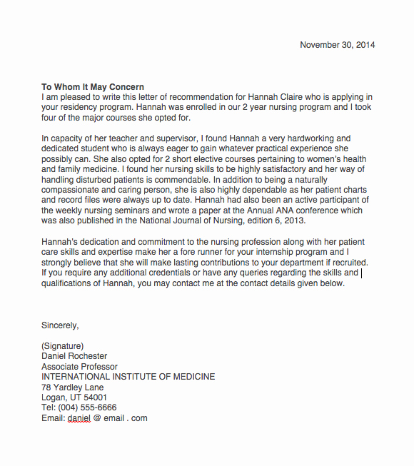 Letter Of Recommendation for Nursing Elegant Nursing Student Letter Re Mendation