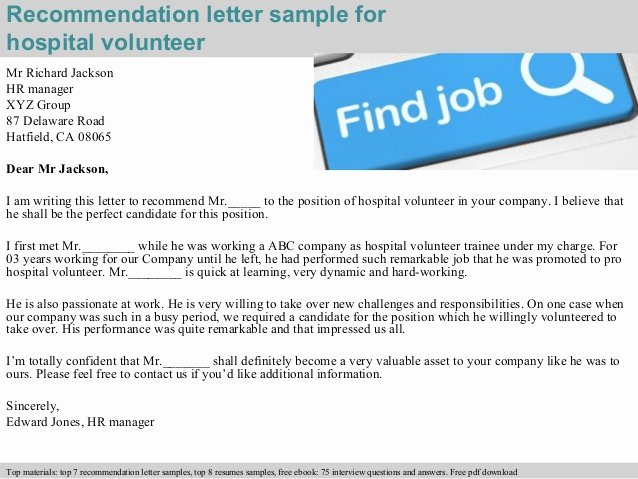 Letter Of Recommendation for Volunteer Unique Hospital Volunteer Re Mendation Letter