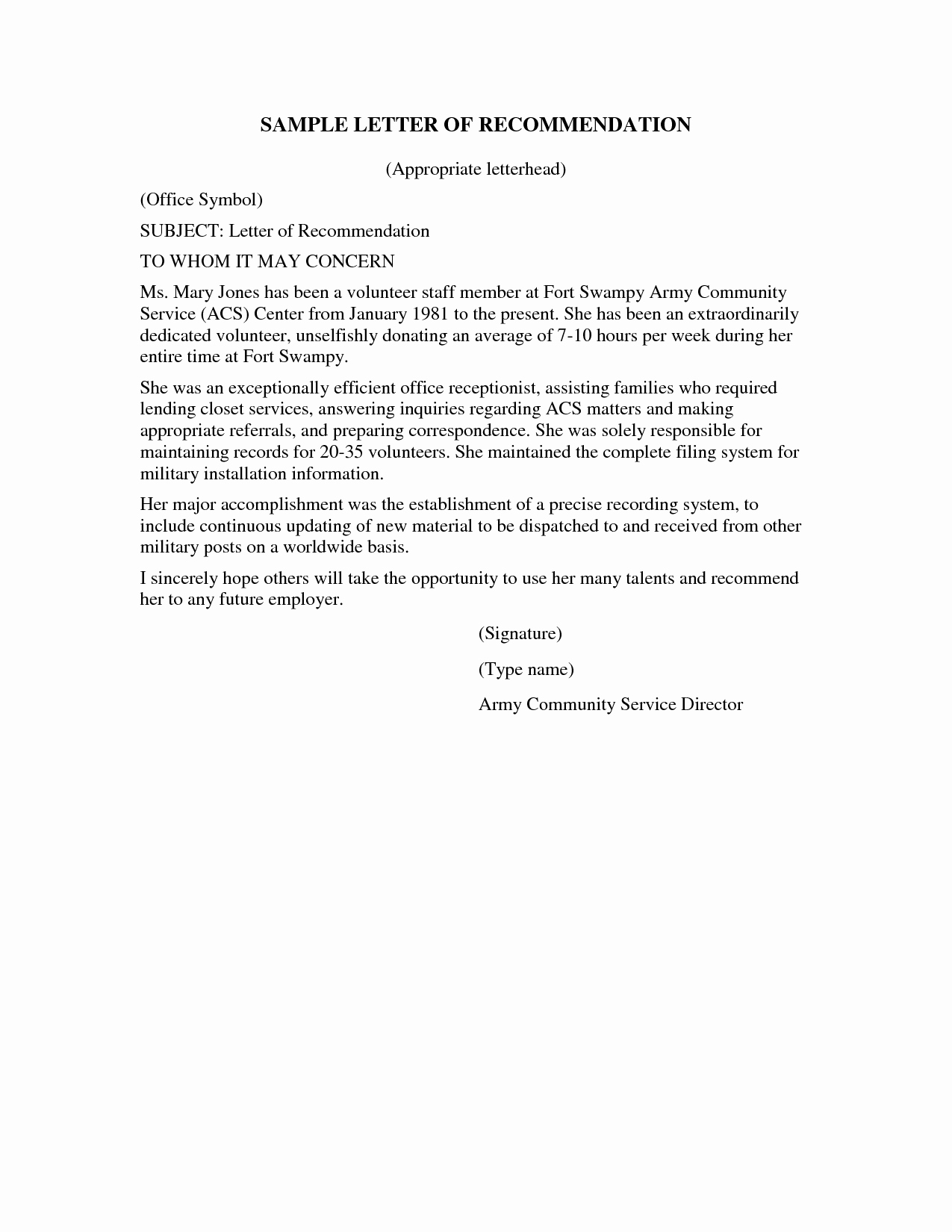 Letter Of Recommendation for Volunteer Unique Munity Service Letterhead Sample