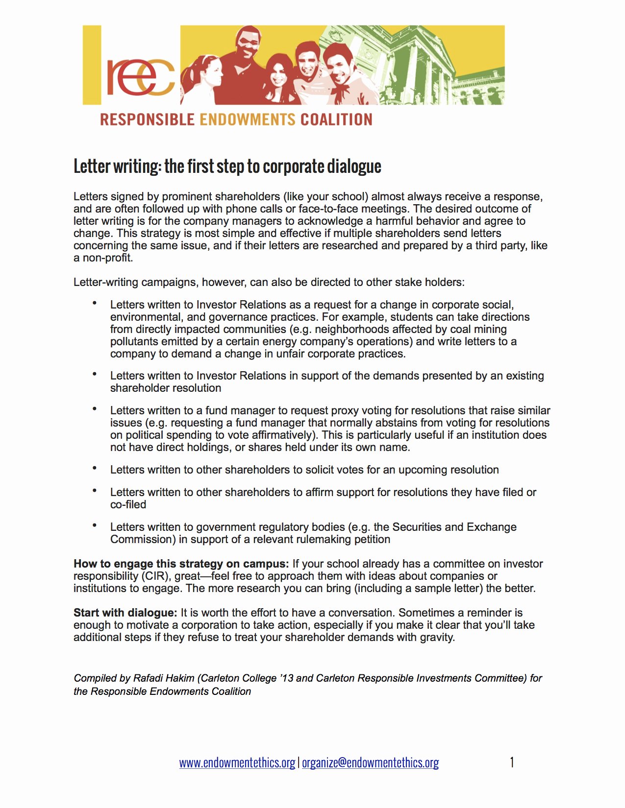 Letter to Shareholders Template New Mittees Resources Responsible Endowments Coalition