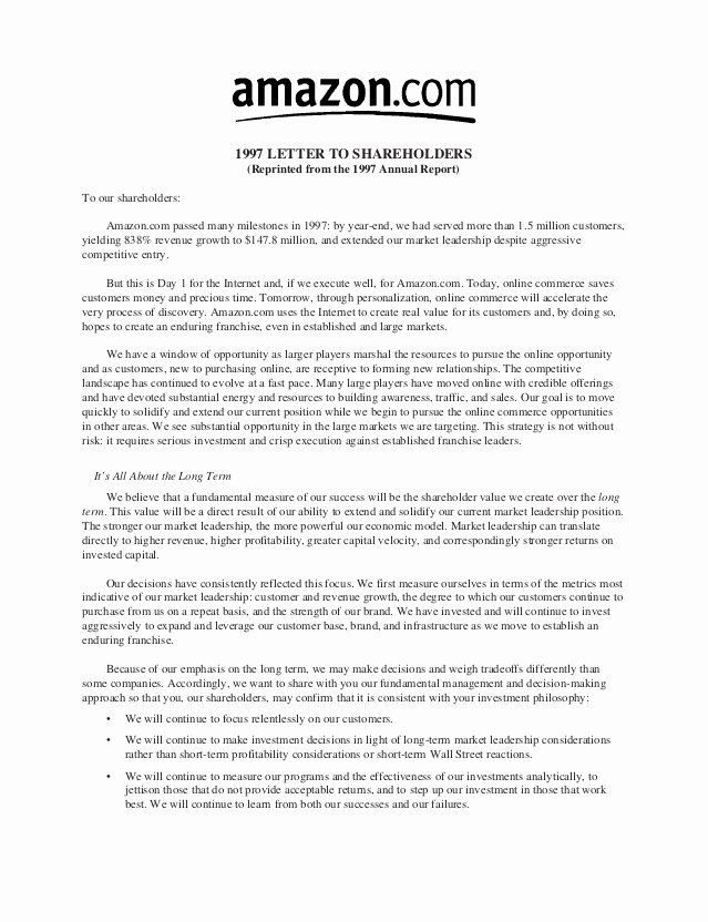 Letter to Shareholders Template Unique Amzn Shareholder Letter 1997