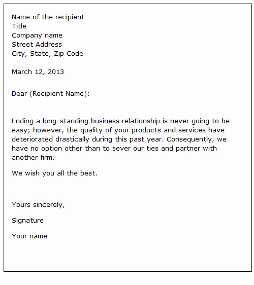 Letter to Terminate Business Relationship New Sample Letter Terminating A Business Contract