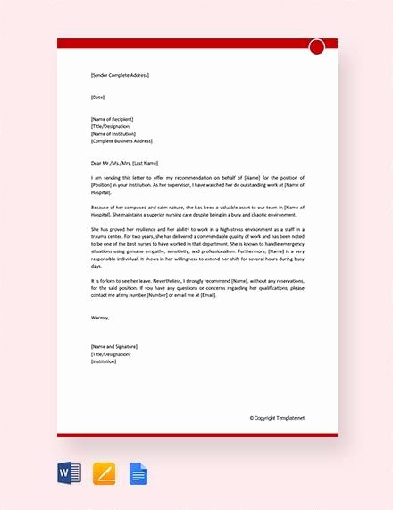 Letters Of Recommendations for Nurses Elegant Sample Nursing Reference Letter 8 Examples In Pdf Word