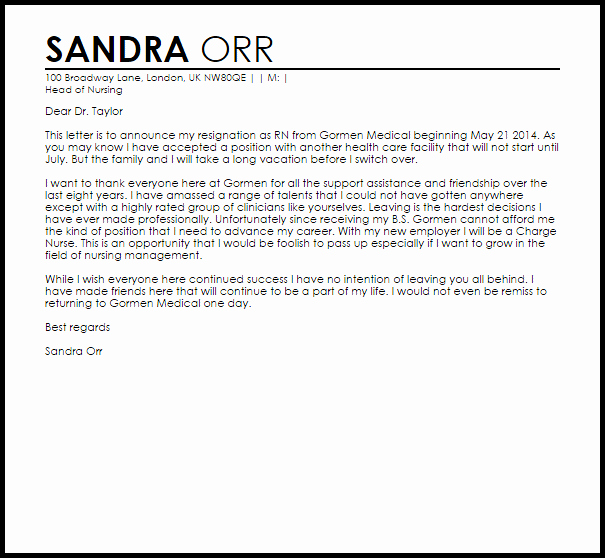 Letters Of Resignation Nursing Unique Rn Resignation Letter Example