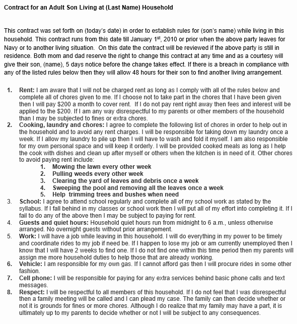 Living Agreement Contract Template Elegant Parent Child Contract for An Adult Child Living at Home