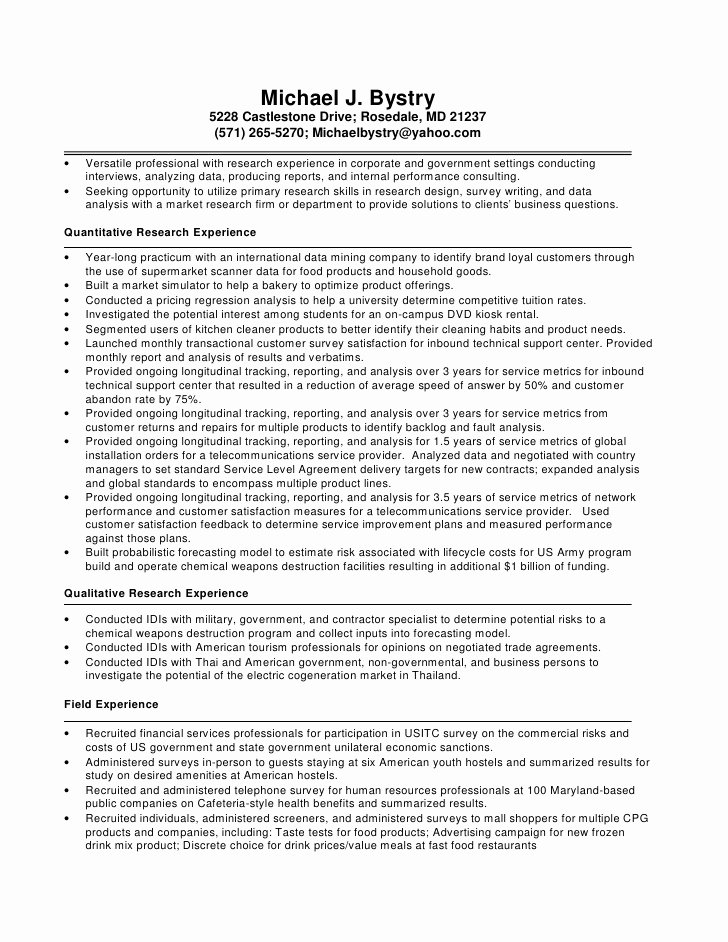 Market Research Analyst Resume Unique Michael bystry Resume