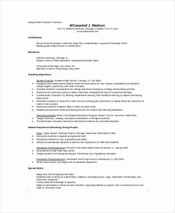 Math Teacher Resume Examples Awesome Sample High School Resume 8 Examples In Word Pdf