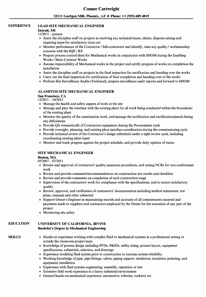 Mechanical Engineer Resume Template Awesome Mechanical Site Engineer Resume Samples