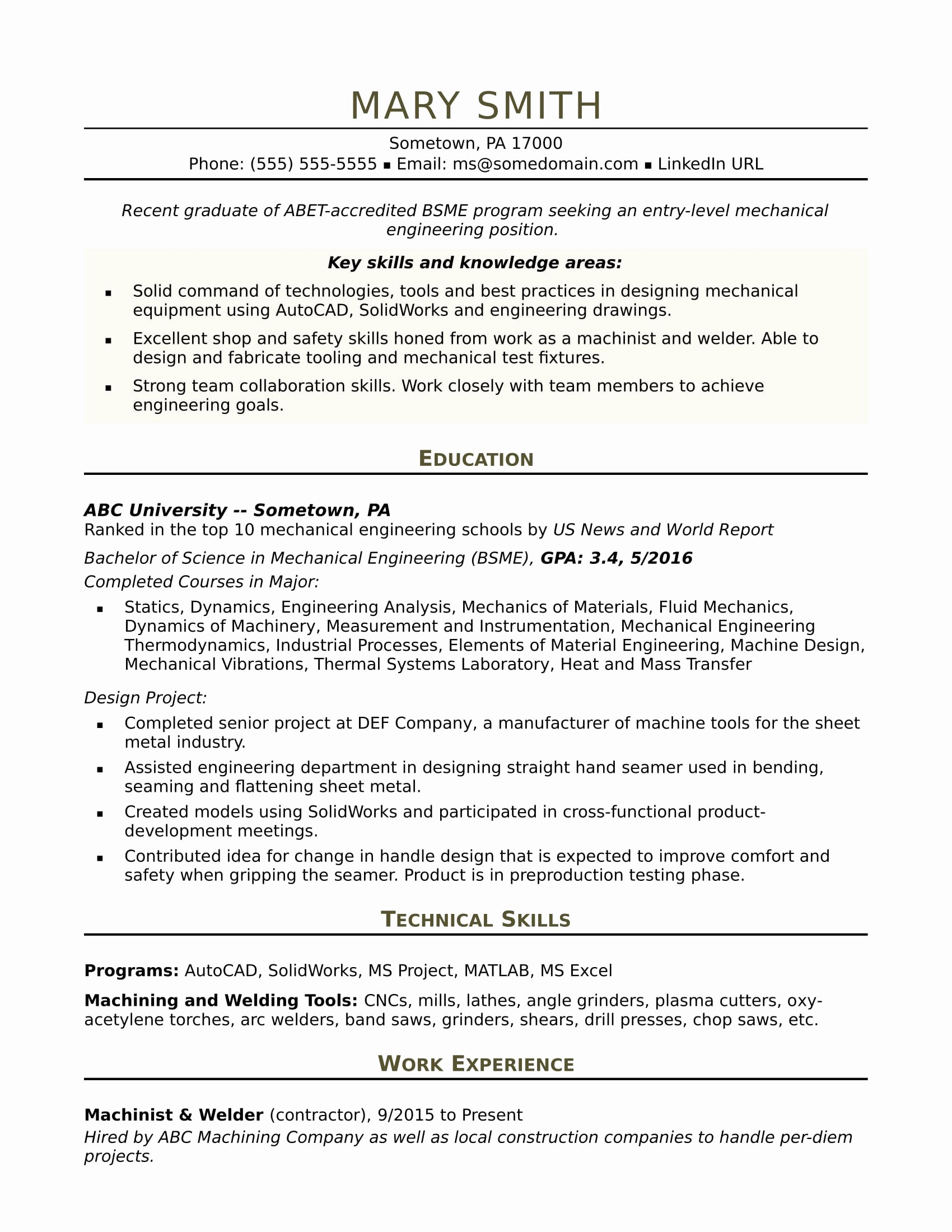 Mechanical Engineer Resume Template Awesome Sample Resume for An Entry Level Mechanical Engineer