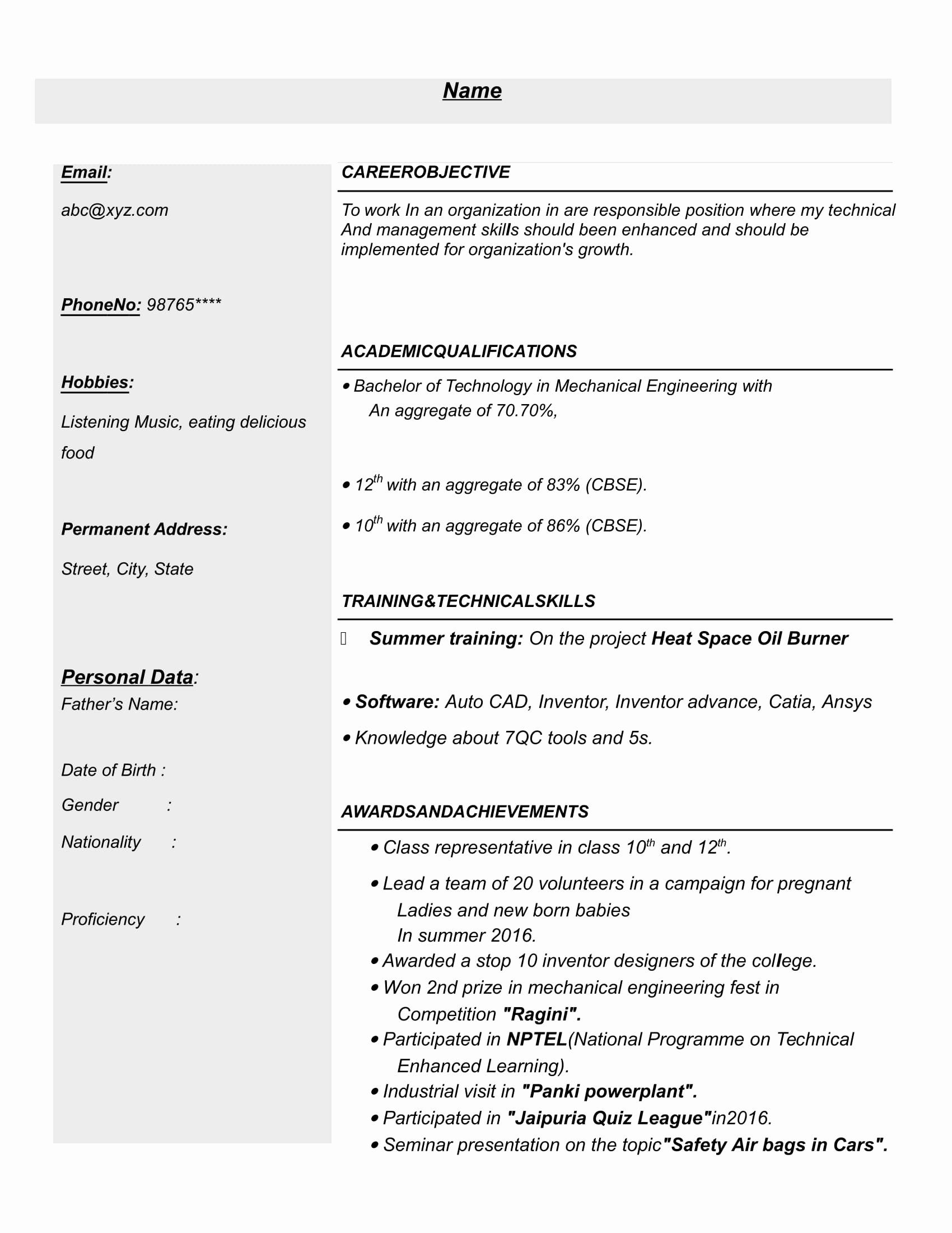 Mechanical Engineering Resume Templates Beautiful Resume Templates for Mechanical Engineer Freshers Download Free