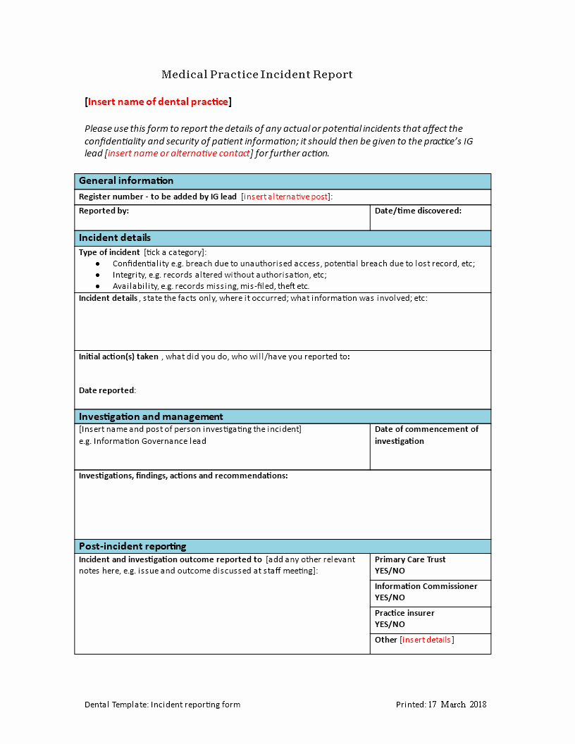 Medical Incident Report form Lovely Medical Practice Incident Report