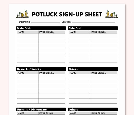 Mexican Potluck Signup Sheet Unique Potluck Sign Up Sheet Printable Bring and Potluck