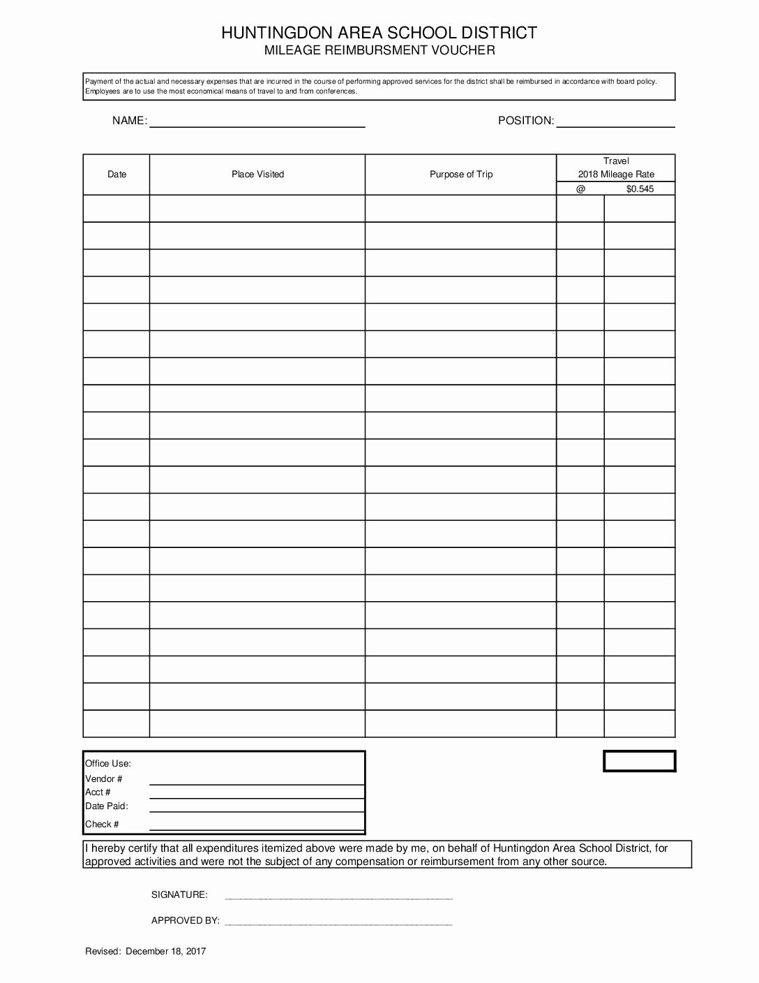 Mileage Reimbursement form Pdf Awesome Mileage Ly Reimbursement form 2018 – Huntingdon area School District