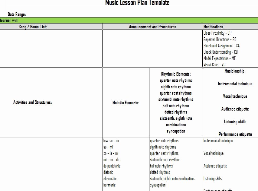 Music Lesson Plan Template Lovely Music Lesson Plan Template