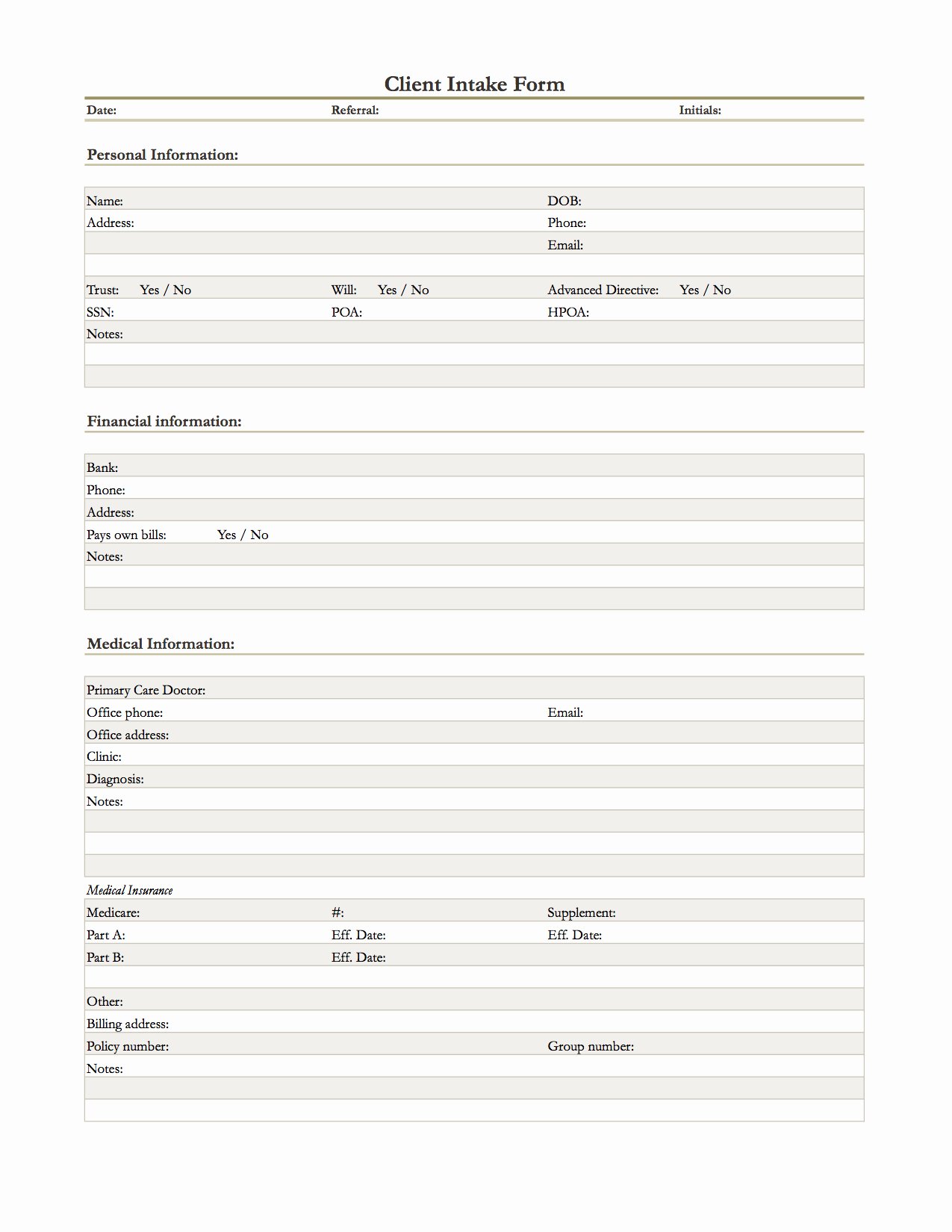 New Client Information Sheet Fresh Operational Templates