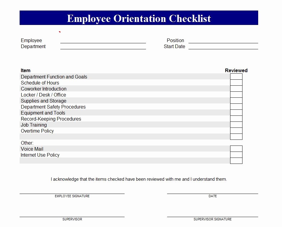 New Hire Checklist Excel New Employee orientation Checklist