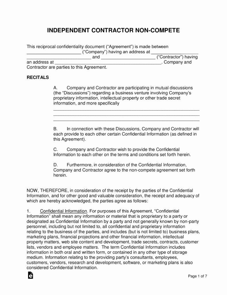 Non Compete Agreement Template Word Beautiful Independent Contractor Non Pete Agreement Template