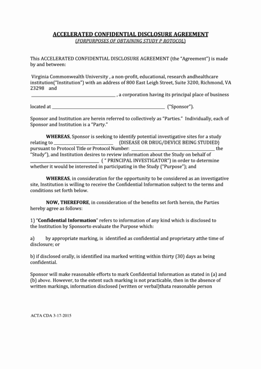 Non Profit Confidentiality Agreement New Fillable form Acta Cda Accelerated Confidential Disclosure Agreement for Purposes
