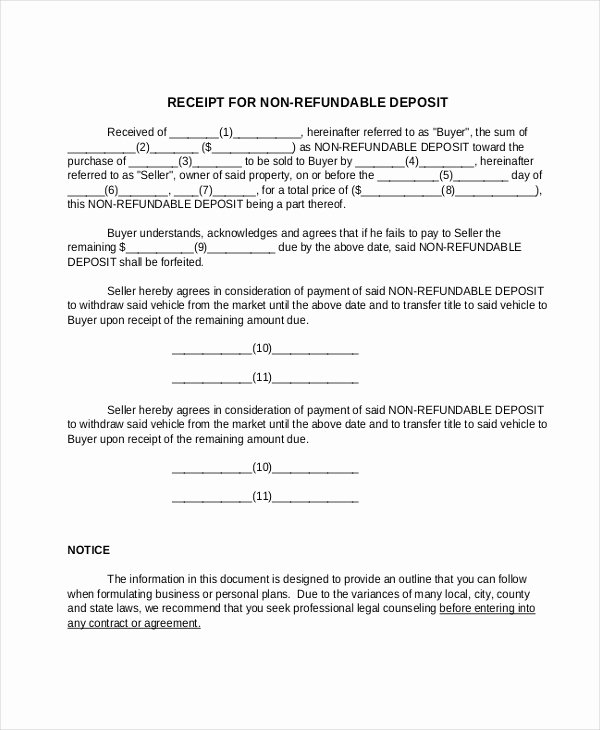 Non Refundable Deposit Agreement Template Lovely Free 10 Sample Deposit Receipt forms