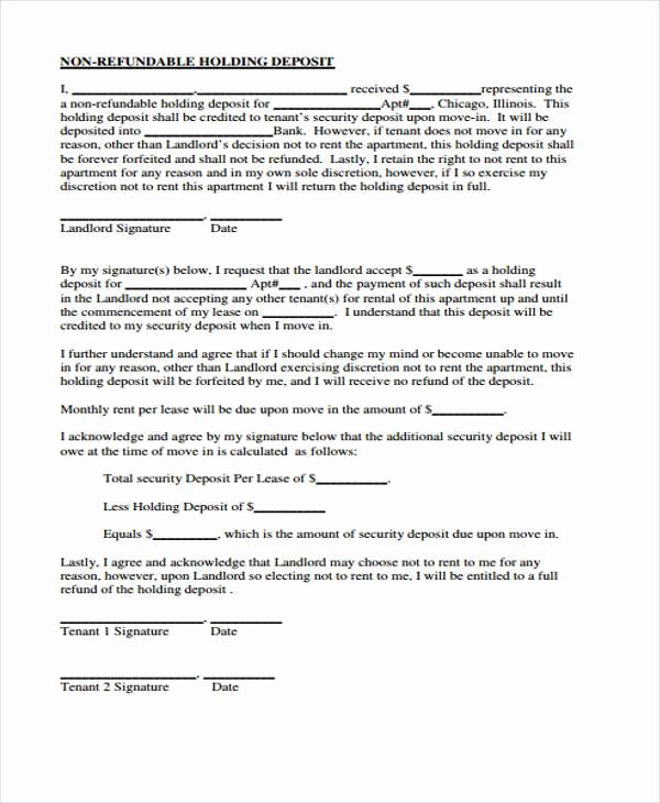 Non Refundable Deposit Agreement Template Lovely Free 8 Holding Deposit Agreement form Samples In Sample Example format