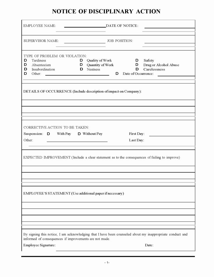 Notice Of Disciplinary Action Unique Employee Disciplinary Action form with Checklist