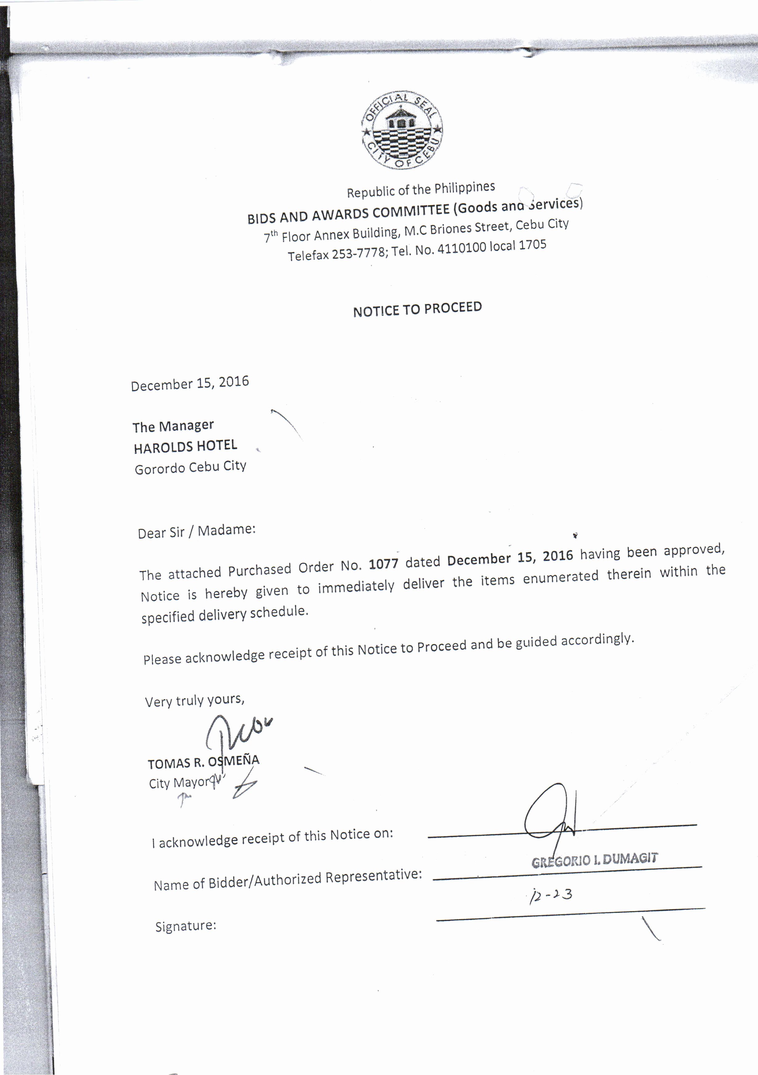 Notice to Proceed Construction Best Of City Government Of Cebu Supply and Delivery Of 1 Pax Of