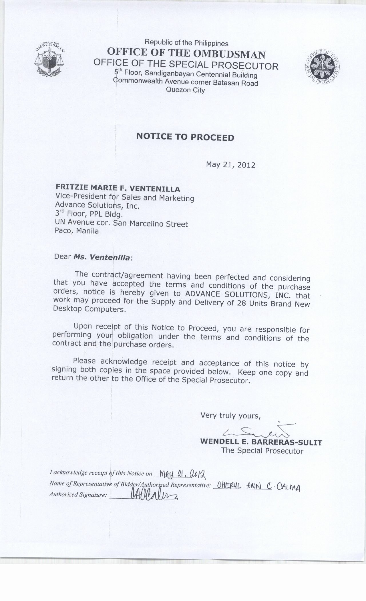 Notice to Proceed Construction New Fice Of the Ombudsman