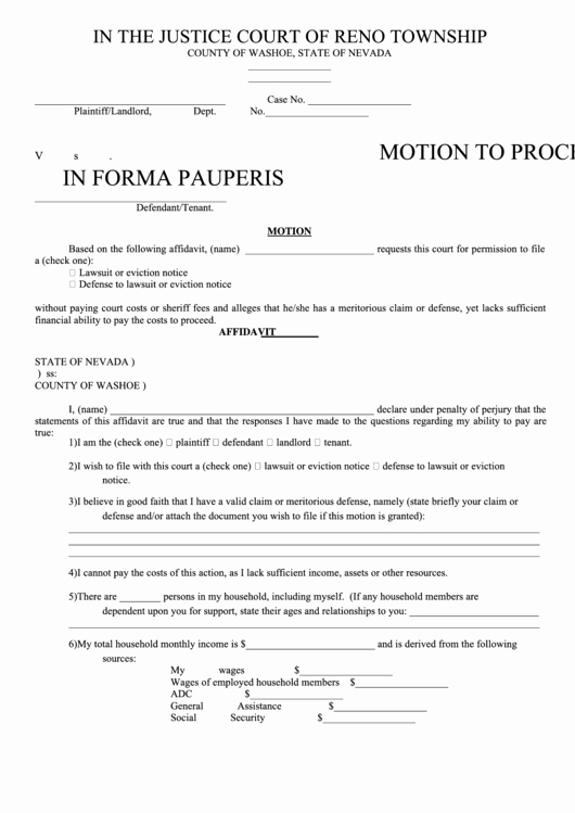 Notice to Proceed form Lovely Fillable Motion to Proceed In forma Pauperis In the Justice Court Reno township County