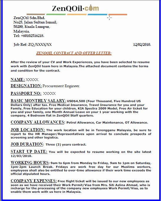 Offer Letter for Contract Employee New Zenqoil Offer Letter