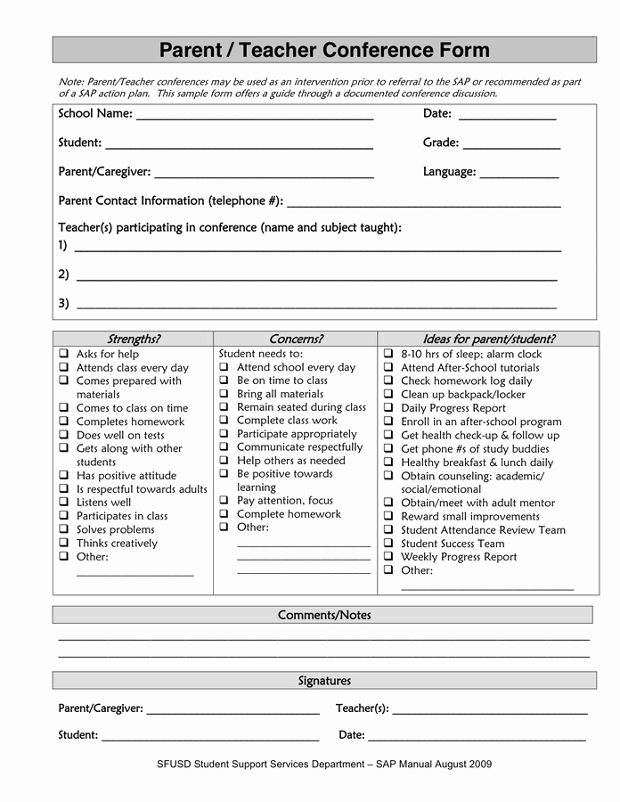 Parent Teacher Conference form Pdf Beautiful Parent Teacher Conference form In Word and Pdf formats