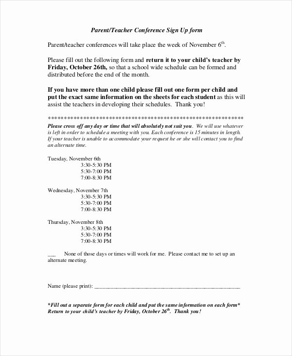 Parent Teacher Conference Schedule Template Luxury 9 Parent Teacher Conference forms Free Sample Example format