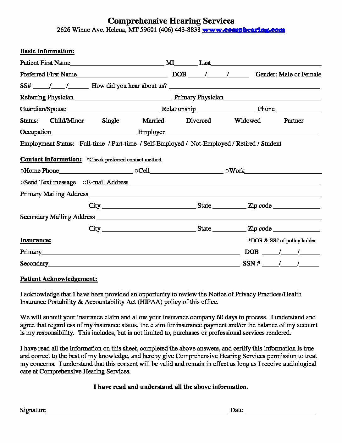 Patient Intake form Pdf Fresh Patient Intake form 9 19 17 Prehensive Hearing Services