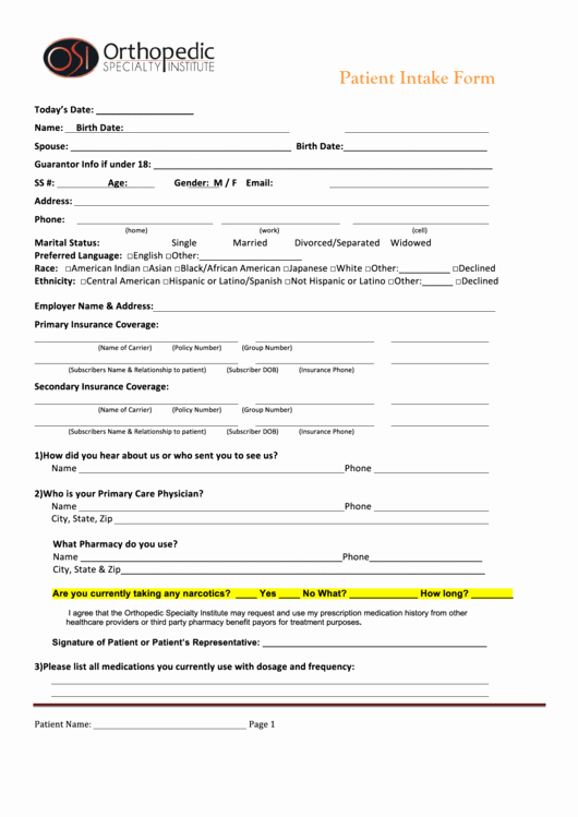 Patient Intake form Pdf Lovely Patient Intake form orthopedic Specialty Institute Printable Pdf