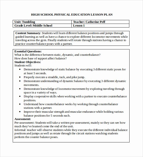 Pe Lesson Plan Template Lovely Phys Ed Lesson Plan Template