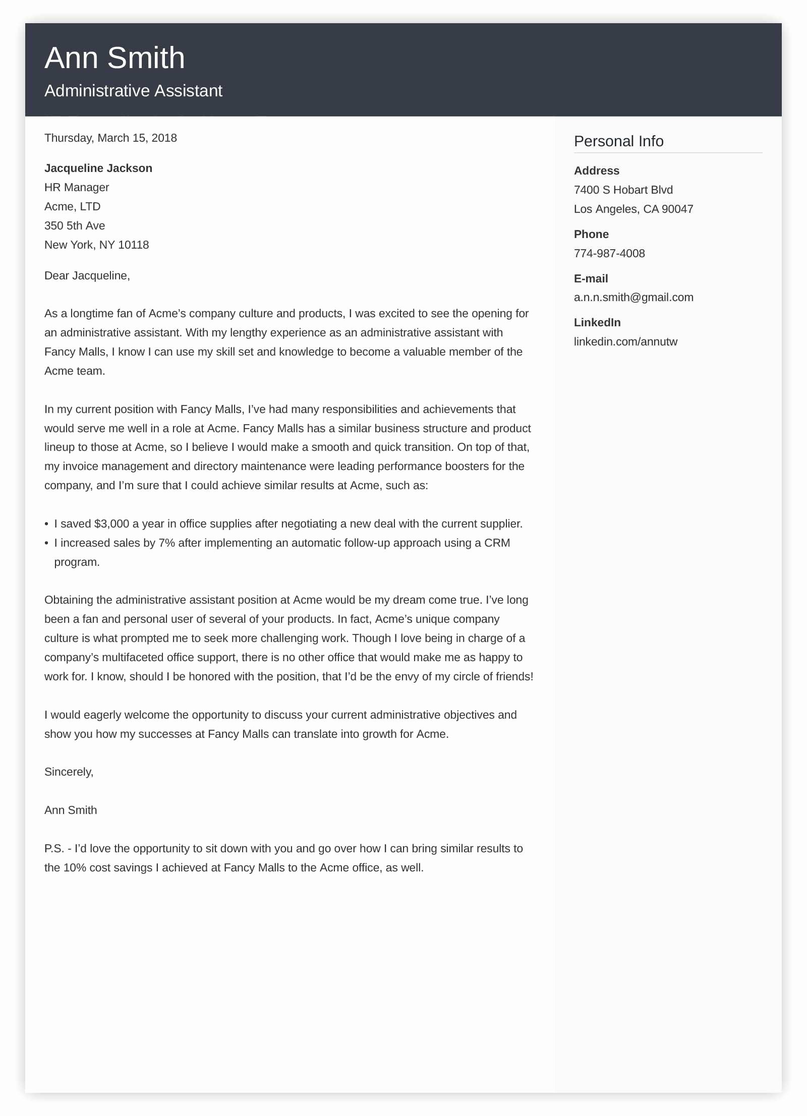 Personal assistant Cover Letter Elegant Administrative assistant Cover Letter Sample &amp; Guide [20 Examples]