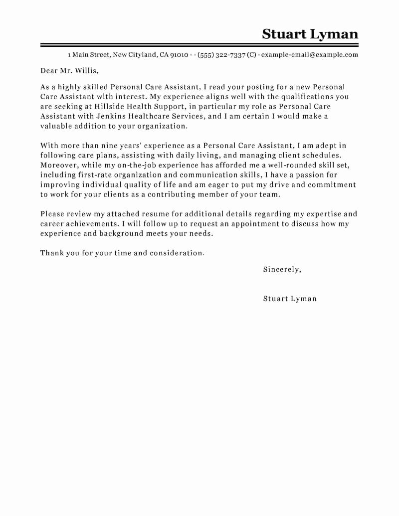 Personal assistant Cover Letter New Best Personal Care assistant Cover Letter Examples