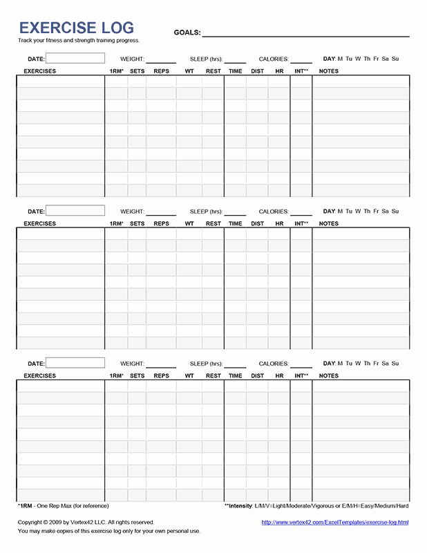 Personal Fitness Plan Template Elegant Free Printable Exercise Log Pdf From Vertex42 Fitness