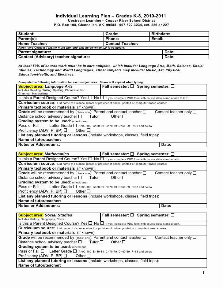 Personal Learning Plan Template Luxury Individual Learning Plan – Grades K 8 2010 2011
