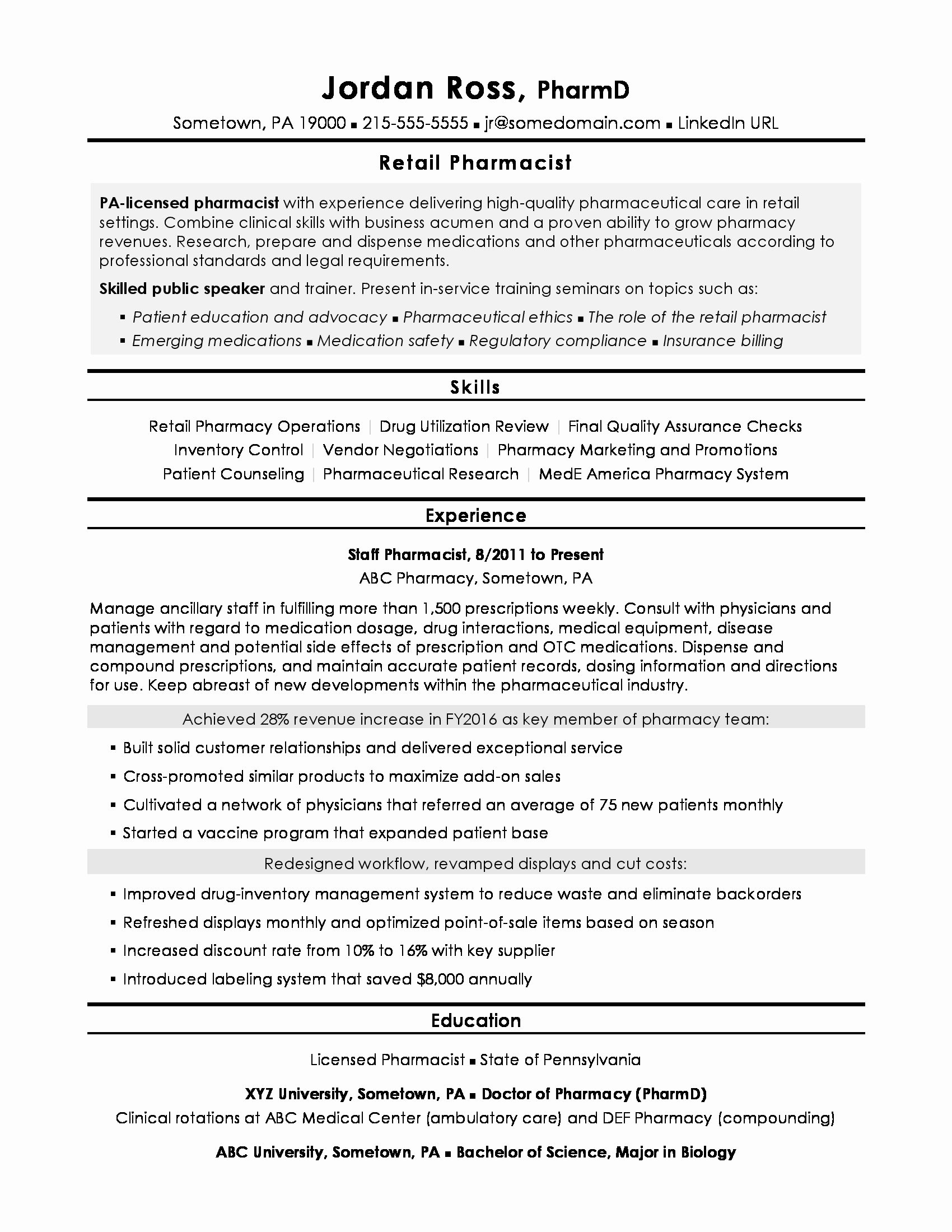 Pharmacy Curriculum Vitae Template Unique Pharmacist Resume Sample