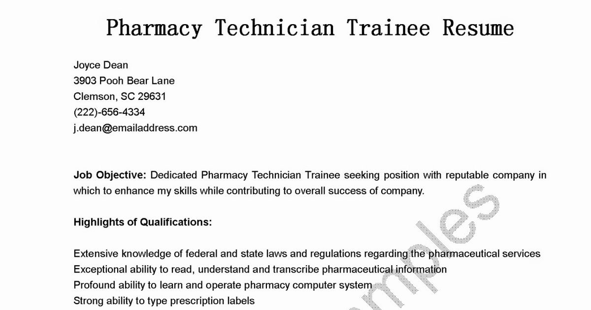 Pharmacy Technician Resume Objective Luxury Resume Samples Pharmacy Technician Trainee Resume Sample