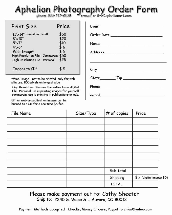 Photography order form Template Free Fresh Aphelion Graphy order form