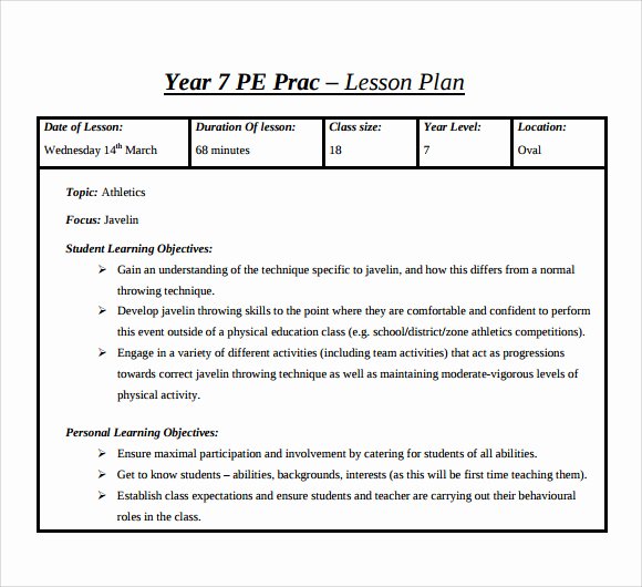Physical Education Lesson Plan Template Awesome Sample Physical Education Lesson Plan Template 6 Free Documents for Pdf Word