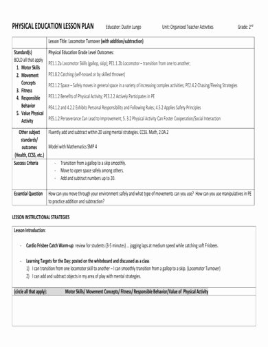 Physical Education Lesson Plan Templates Lovely Free 10 Physical Education Lesson Plan Examples and